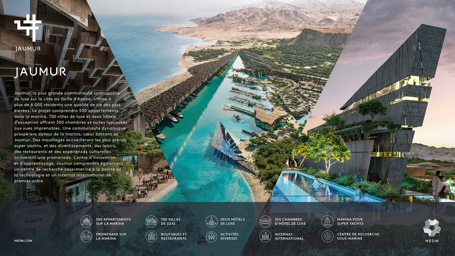 Infographie pour Jaumur, une communauté de luxe en bord de mer avec des marinas, des hôtels, des appartements résidentiels et un centre de recherche avancé sur le golfe d'Aqaba  