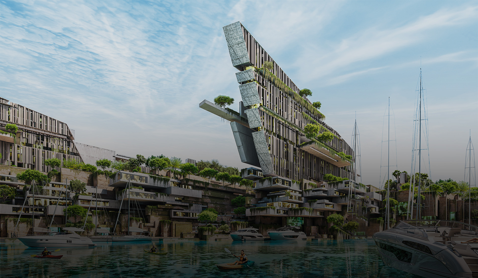 Futuristic luxury marina apartments with greenery and waterfalls at Jaumur