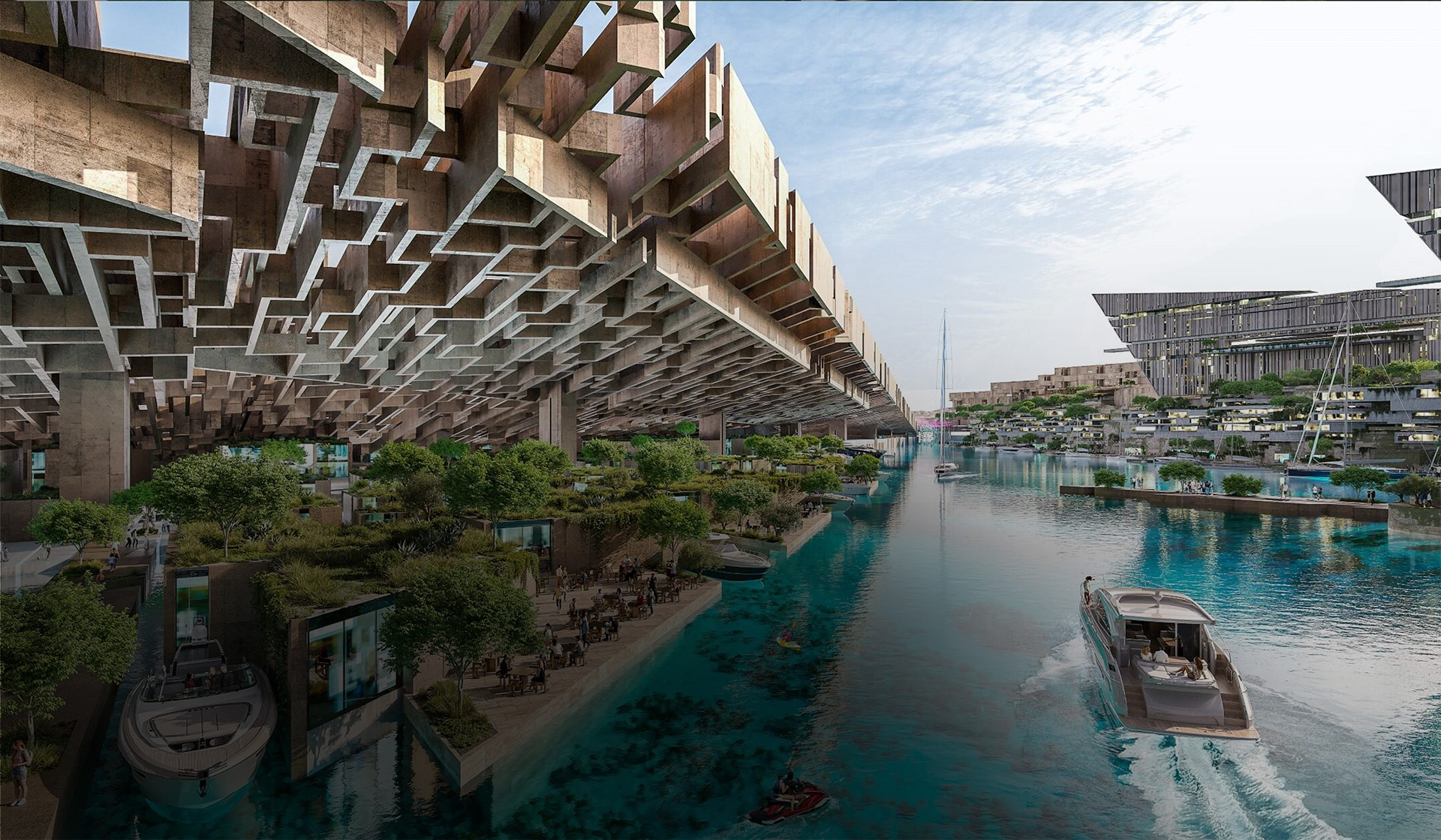 Jaumur's marina apartments with lush greenery and waterfalls, suspended in the sky