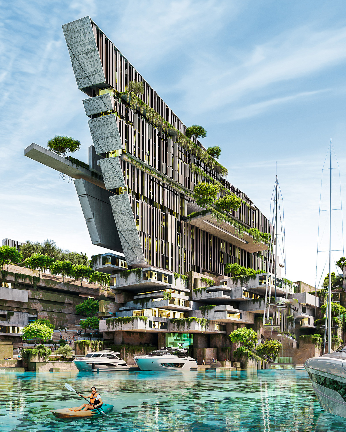 Kajakfahren auf einem ruhigen See bei Jaumur, mit futuristischen Villen und Apartments im Hintergrund
