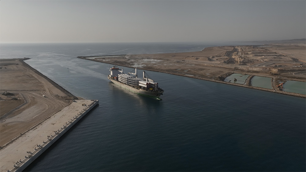  Aerial view of a ship entering the Port of NEOM