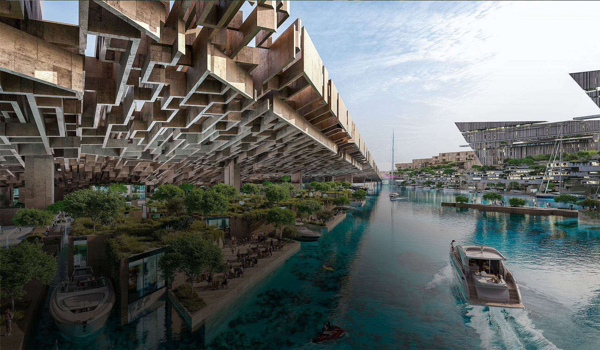 Appartements de la marina de Jaumur avec verdure luxuriante et cascades, suspendus dans le ciel  