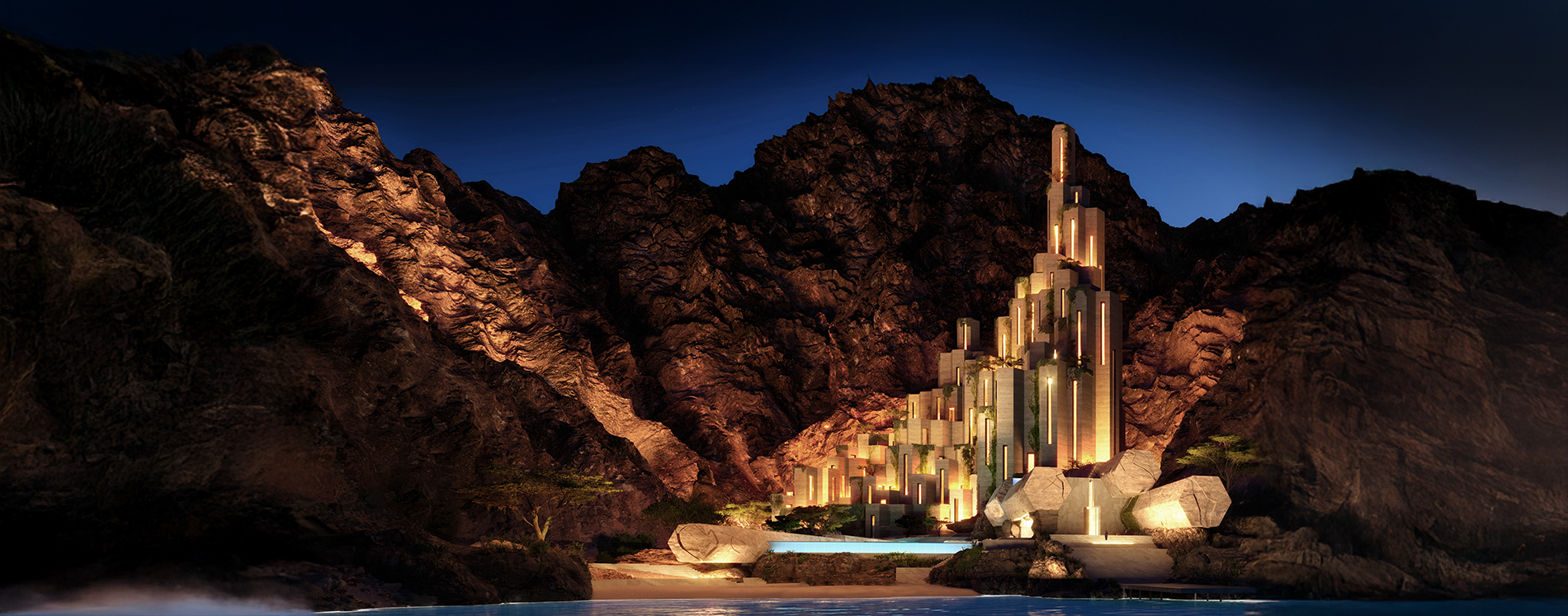 The magnificent landscape of the Siranna hotel in the night