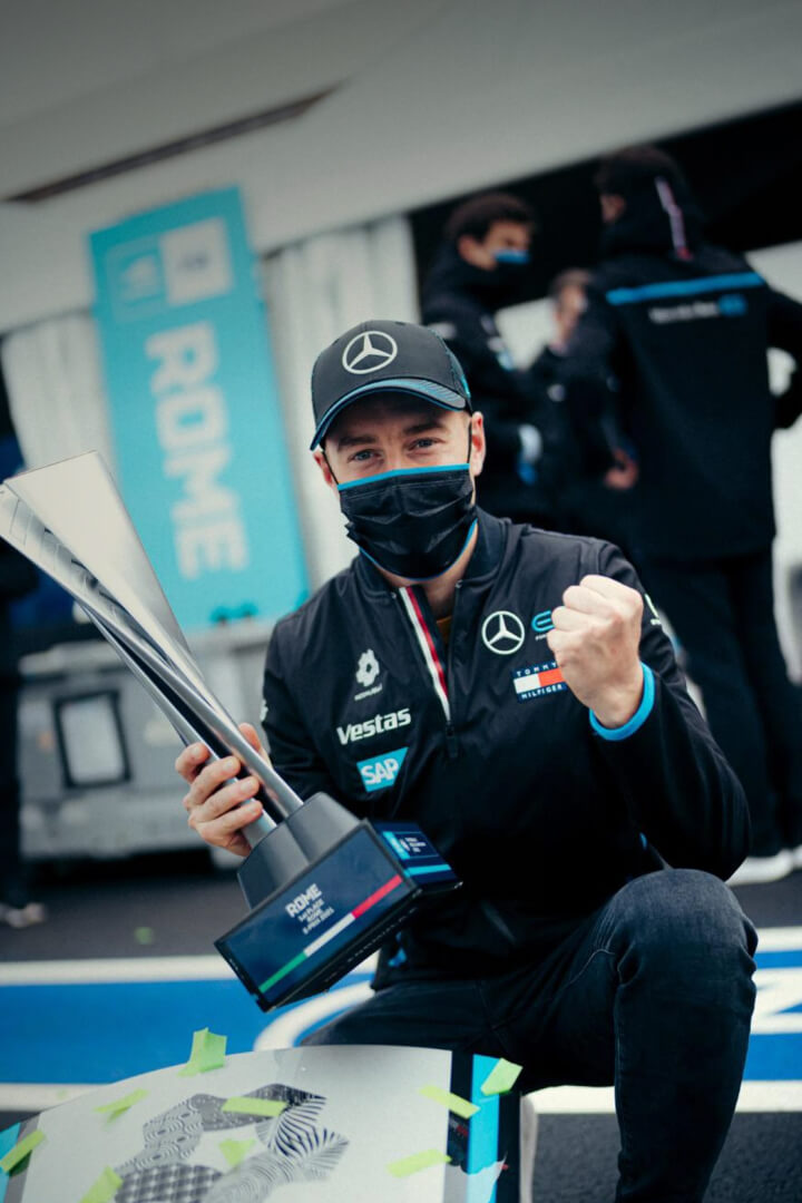 Mercedes-EQ Formula E Team Driver Stoffel Vandoorne celebrates his win at the Rome E-Prix.